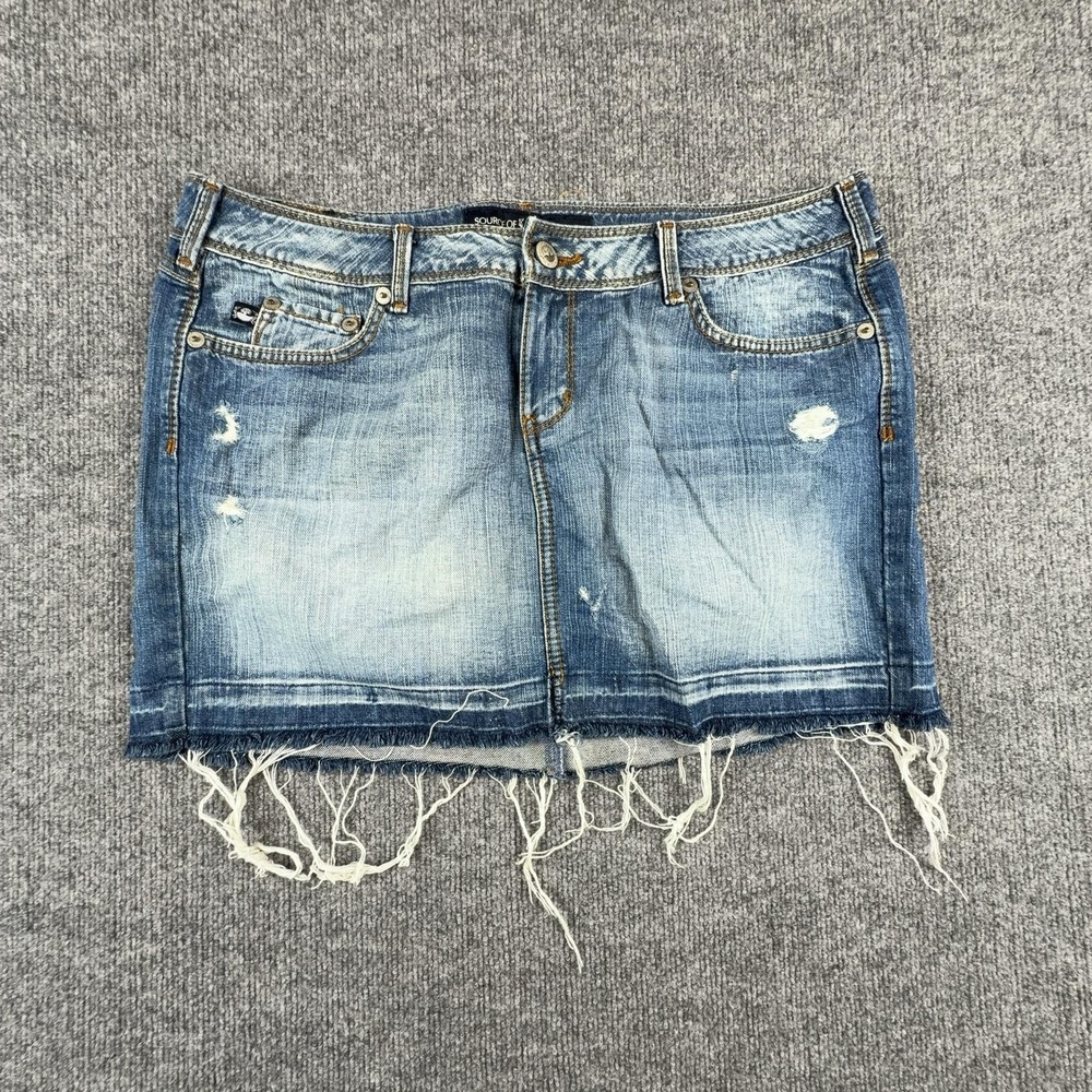 Y2K Source Of Wisdom Skirt Womens 16 Blue Denim Distressed Mini Raw Hem Fringe